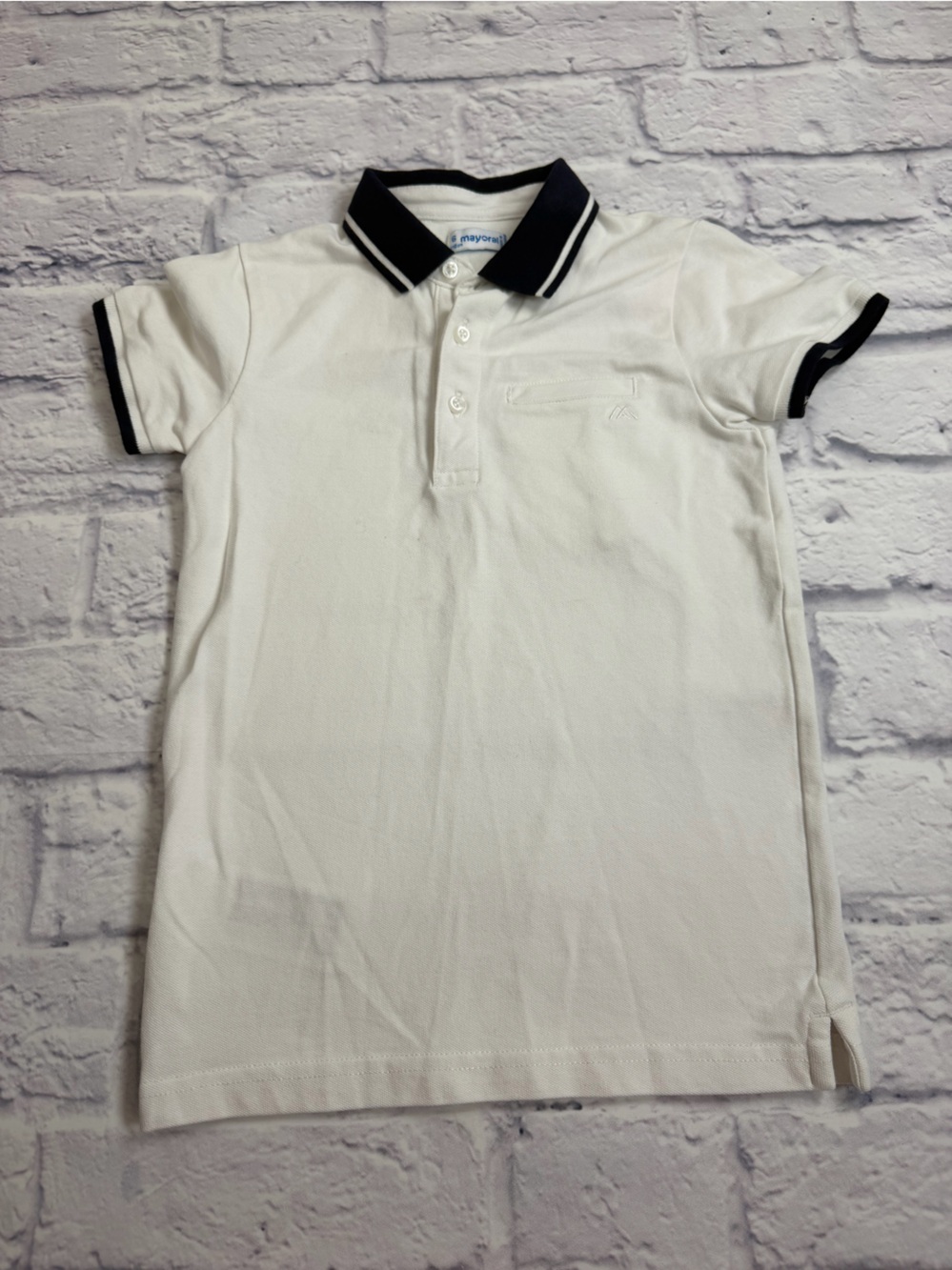 Mayoral White Polo with Navy Contrast Collar. Boys Size 6.